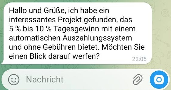 Scam-Anfragetext in Telegram: 5–10 % Tagesgewinn versprochen